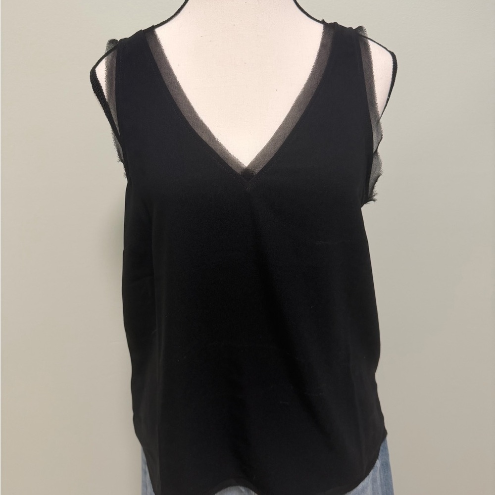Halogen Black V-Neck Tank with Sheer Trim
